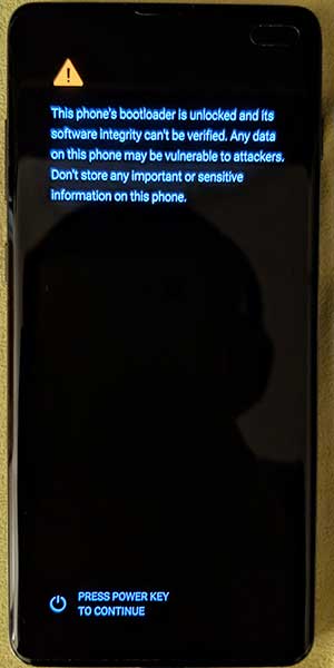 Samsung Galaxy S10 Bootloader Warning Screen Samsung Galaxy S10 Bootloader Warning Screen