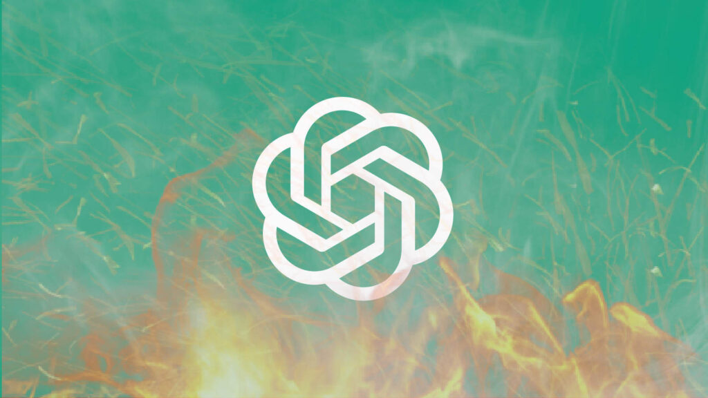 OpenAI logo on a digital screen with code and network monitoring graphics in the background.