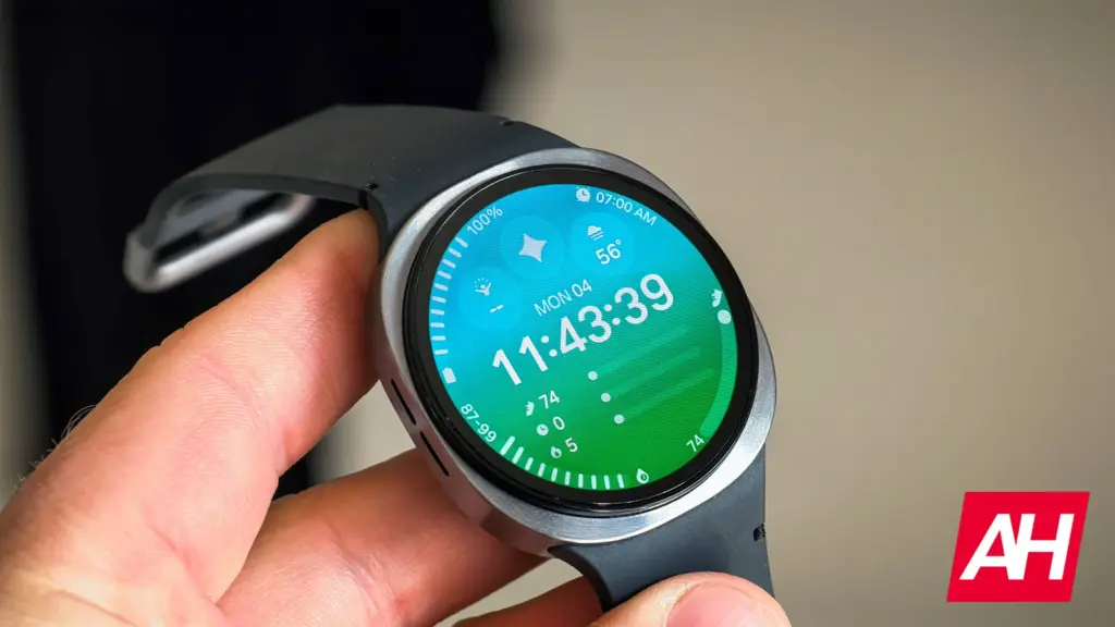 A Samsung Galaxy smartphone alongside a Galaxy Watch displaying software update options.