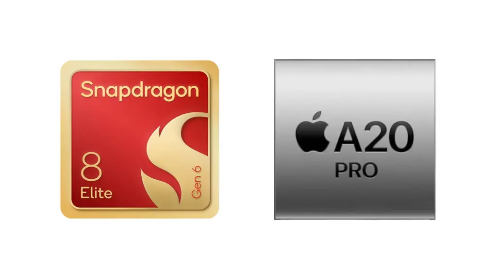 Microprocessor dies representing the Qualcomm Snapdragon 8 Elite Gen 6 and Apple A20 Pro chips