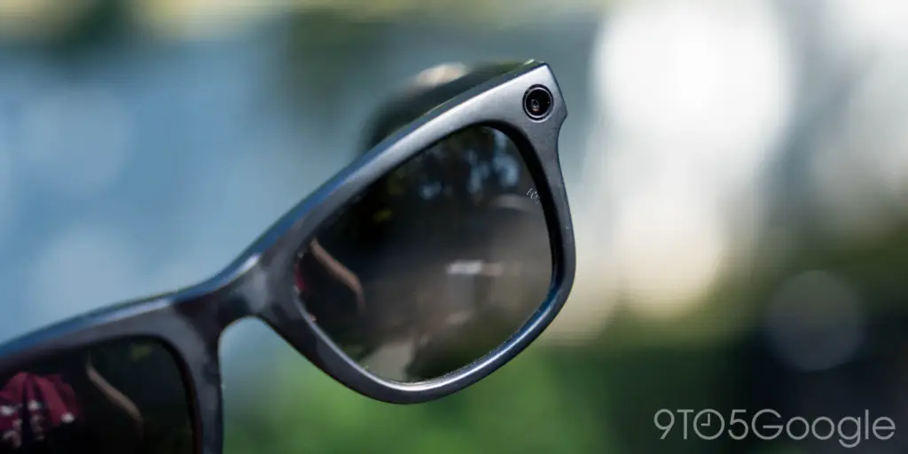 Close-up of smart glasses showing the integrated camera lens and frame.